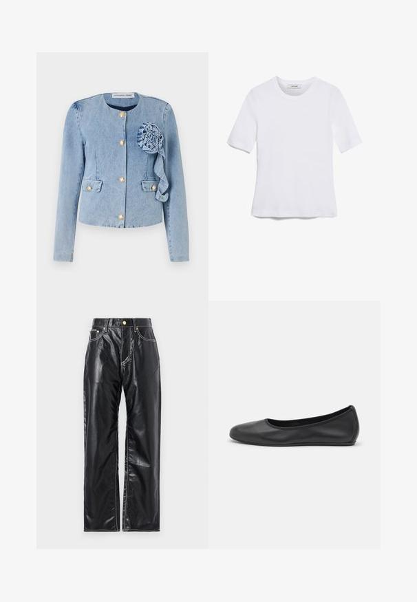 Jaqueta de denim azul claro com decote redondo, fechos de botão dourados, bolsos especiais e uma flor decorativa em tecido na frente esquerda.; T-shirt de manga curta branca feita de tecido canelado. Decote redondo, ajuste regular e detalhes de costura subtis. Sem padrões ou gráficos.; Calças de imitação de pele pretas com corte de perna larga, apresentando costura branca, bolsos frontais e um botão dourado na cintura.; Bailarina preta em pele com bico arredondado, textura suave, detalhe de costura minimalista e design de sola flexível.