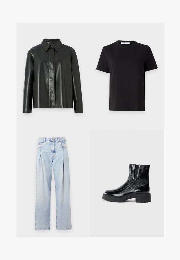 Fekete bőrkabát, galléros nyakkivágással, gombos elülső záródással és két oldalsó zsebbel. Simább textúra minimális varrási részletekkel.; Fekete, rövid ujjú póló, puha pamutból készült, kerek nyakkivágással, laza szabással és sima textúrával. Nincs látható minta vagy grafikák.; Világoskék farmernadrág magas derekú, bő szabású, két oldalsó zsebbel és pliszírozott dizájnnal. Puha tapintású, elhalványított felület.; Fekete bokacsizmák fényes lakkbőr felülettel, vastag fekete gumitalppal és megemelt sarokkal; oldalon diszkrét logó részlettel.