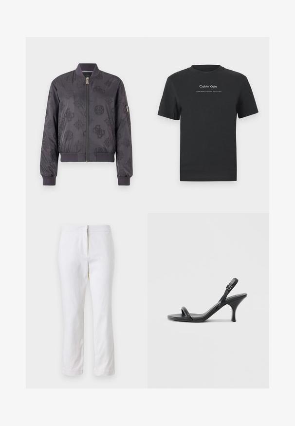 Casaco bomber cinza escuro com um padrão de logotipo subtil, punhos e colarinho canelados, fecho de correr na frente e um bolso lateral com fecho de correr.; T-shirt de algodão preto com decote redondo, mangas curtas e logotipo "Calvin Klein" impresso em branco, acompanhado do texto "Established 1968".; Calças de algodão brancas com um design de perna reta, apresentando uma cintura de altura média e sem hardware ou padrões visíveis. Textura suave por toda a peça.; Sandálias de salto alto em couro preto com um salto curvado e fino e um design de tiras cruzadas. Correia ajustável no tornozelo. Textura suave.