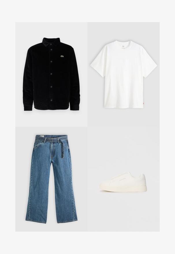 Lacoste Casaco leve - black; T-shirt branca de manga curta, feita de algodão, com decote redondo. Apresenta um discreto detalhe de logotipo em relevo na frente e uma etiqueta vermelha na bainha.; Jeans de ganga azuis de perna larga com cinto preso, bolsos frontais e costura visível sobre um fundo claro.; Sapatilhas brancas de atacar com uma superfície texturizada, sola grossa e design minimalista. Possui o logo da marca na lateral.