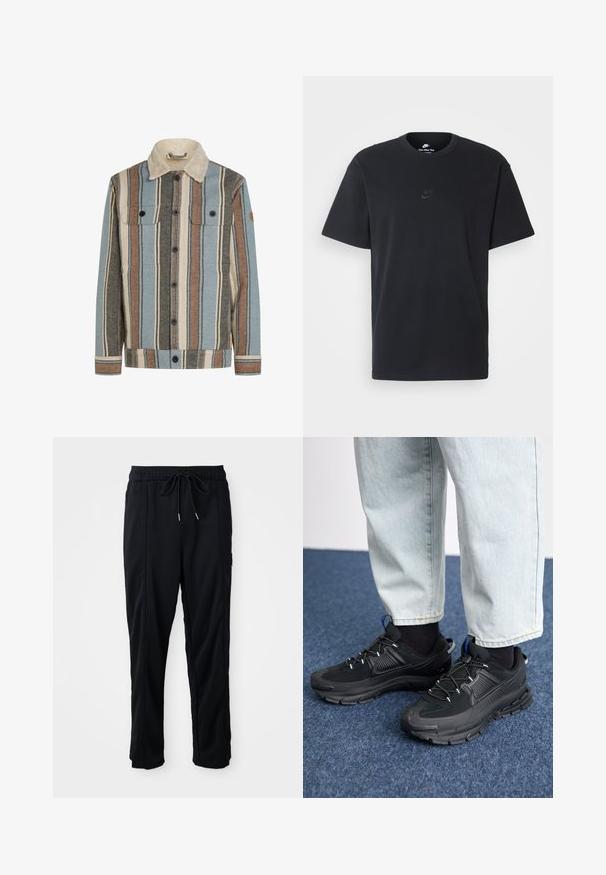 Mygtukinė striukė su vertikaliomis juostomis mėlynos, rudos, kreminės ir pilkos spalvų, turinti kreminės spalvos šerpą ant apykaklės ir dvi krūtininės kišenes su užsegimu.; Juodas medvilninis Nike marškinėliai su klasikinėmis apykaklėmis, trumpomis rankovėmis ir subtiliu, įspaustu logotipu ant krūtinės. Sklandus tekstūra.; Juodos laisvos kelnės su raišteliu liemens, šoninėmis kišenėmis ir tiesiu kirpimu ant vienodos fono.; Juodi sportiniai bateliai su tekstūruota medžiaga ir guminiais padais, su elastingomis raišteliais ir mėlynu akcentu ant kulno. Dėvimi su šviesiai mėlynomis džinsinėmis kelnėmis.