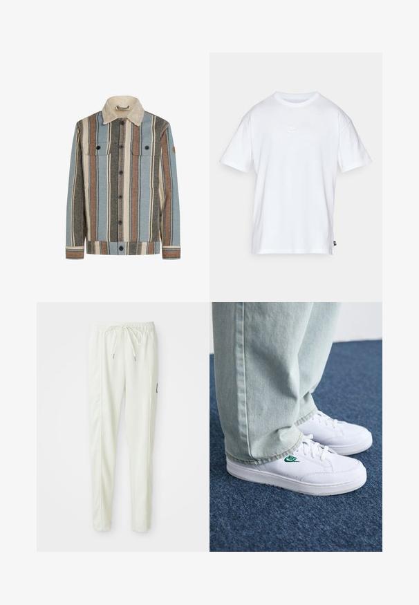 Nuppudega jope, millel on sinised, pruuni, kreemi ja halli vertikaalsed triibud. Jope on varustatud kreemist sherpa krae ja kahe rinnaöse taskuga.; Valge puuvillane t-särk lühikeste varrukatega ja ümmarguse kaelusega. Sellega on kaasas väike, tagasihoidlik Nike logo rinnal ja külgmine silt.; Valged kitsad jooksvapüksid elastse vöökoha ja paelaga, külgseamide detailide ja väikese musta plaastriga paremal jalal.; Valged nahast tennisetossud rohelise Nike logo ja ümarate varvastega, lamedate taldadega, koos helesiniste teksapükstega, esitatud sinisel vaibal.