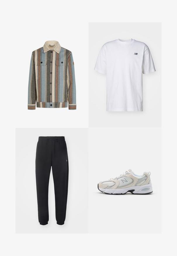 Giacca abbottonata a righe verticali in blu, marrone, crema e grigio, con colletto in sherpa crema e due tasche sul petto con patta.; T-shirt bianco a maniche corte con scollo rotondo e piccolo logo nero New Balance sul lato sinistro del petto, su uno sfondo neutro.; Pantaloni della tuta neri realizzati in materiale morbido con vita elastica, coulisse e polsini aderenti, caratterizzati da un logo sottile sul lato.; Scarpa sportiva con tomaia in mesh grigio chiaro e accenti in suede, lacci bianchi e suola in gomma nera. Dettaglio di ammortizzazione ABZORB notevole.