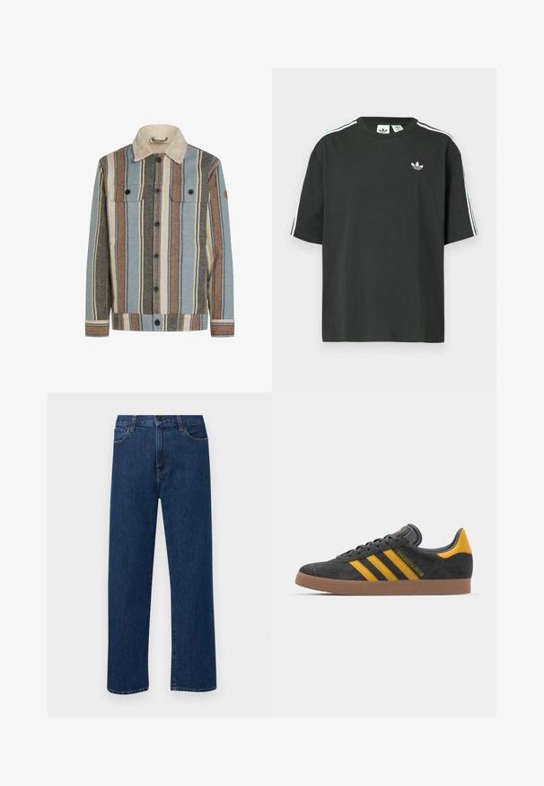 Sakó na knoflíky s vertikálními pruhy v modré, hnědé, krémové a šedé barvě, vybavené krémovým šerpovým límcem a dvěma náprsními kapsami s klopou.; Černé bavlněné tričko s krátkými rukávy, kulatým výstřihem a bílými třemi pruhy na ramenou. Na hrudi je malá bílá logo.; Tmavě modré džíny s rovnými nohavicemi, předními kapsami a zapínáním na knoflík, vystavené na jednoduchém bílém pozadí.; Černé semišové tenisky se žlutými akcenty, vybavené třemi pruhy a hnědou gumovou podrážkou. Obsahují polstrovaný jazyk pro pohodlí.