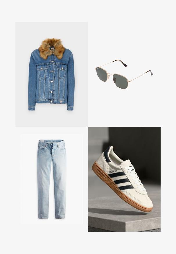 Hellblaues Jeansjackett mit einem braunen Kunstfellkragen, ausgestattet mit Knopfverschlüssen, zwei Brusttaschen und orangefarbenen Nähten.; Grauer Pullover mit Rundhalsausschnitt, langen Ärmeln und gerippten Bündchen. Der Stoff wirkt weich mit einer leichten Textur und einer leicht lockeren Passform.; Hellblaue Jeans aus Denim mit geradem Bein, zwei Fronttaschen und zwei Gesäßtaschen. Enthält einen Zwei-Knopf-Reißverschluss und dezente Nähte.; Weiße Wildleder-Sneaker mit marineblauen Streifen, Gummisohle, strukturiertem Obermaterial, runder Zehenform und Schnürung; mit Branding an der Seite und auf der Zunge.; Goldfarbene Metallrahmen-Sonnenbrillen mit dunkelgrünen Gläsern im Pilotenstil, mit schlanken Bügeln und Schildpatt-Akzenten an den Spitzen.; Schultertasche aus Wildleder in Braun mit geschwungener Form, kontrastierenden Nähten, goldfarbenen Hardware-Akzenten und einer mit Reißverschluss versehenen Fronttasche.