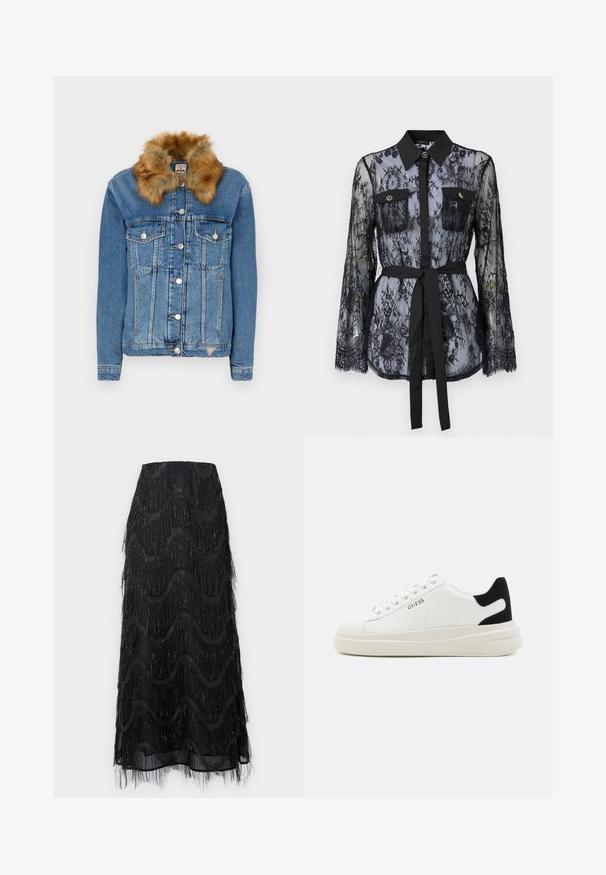 Chaqueta de denim en azul claro con un cuello de pelo sintético marrón, presenta cierres de botón, dos bolsillos en el pecho y detalles de costura naranja.; Blusa de encaje negro con mangas largas, bolsillos en el pecho con botón, cuello clásico y un cinturón de tela atado a la cintura. Diseño transparente.; Falda midi negra con flecos en capas y patrones de ondas. Fabricada con material transparente y acentos brillantes a lo largo de los bordes.; Zapatillas blancas de cuero con una suela blanca gruesa, acento en el talón de ante negro y logo grabado en el lateral. Diseño de cordones con seis ojales.