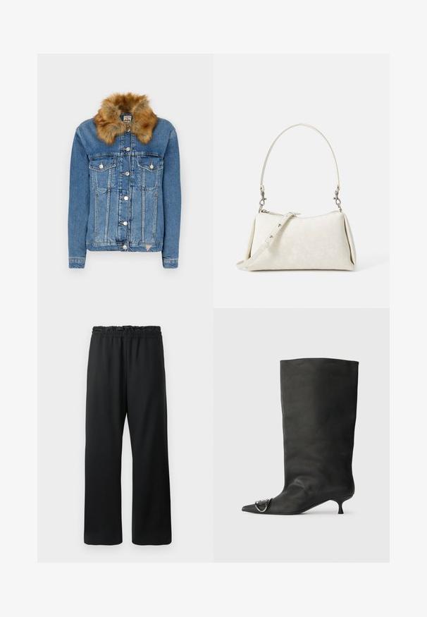 Giacca di jeans in blu chiaro con colletto in pelliccia sintetica marrone, dotata di chiusure a bottone, due tasche sul petto e dettagli in cucitura arancio.; Camicia bianca a maniche lunghe in tessuto a costine, con scollatura rotonda e forma aderente. Non ci sono motivi o dettagli.; Pantaloni neri con un design a gamba larga, cintura elastica con cordoncino e tessuto liscio e leggero. Comprendono tasche laterali.; Stivaletto in pelle nera con punta affilata, tacco basso e dettaglio metallico sulla punta. Texture liscia e opaca in tutta la superficie.; Borsa bianca con texture liscia, silhouette curva e tracolla regolabile. Presenta un sottile motivo con logo e accenti in metallo argentato.