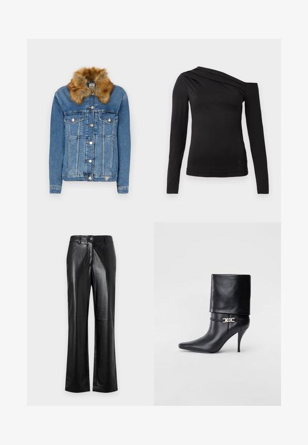 Denim jacket in light blue with a brown faux fur collar, featuring button closures, two chest pockets, and orange stitching accents.; Black long-sleeve top with an asymmetrical neckline, featuring one shoulder exposed and gentle draping across the chest.; Black leather pants with a straight leg design, featuring a front button closure, belt loops, and a smooth, polished texture.; Black leather ankle boot with a pointed toe, high stiletto heel, fold-over cuff, and a gold decorative buckle detail on the ankle.