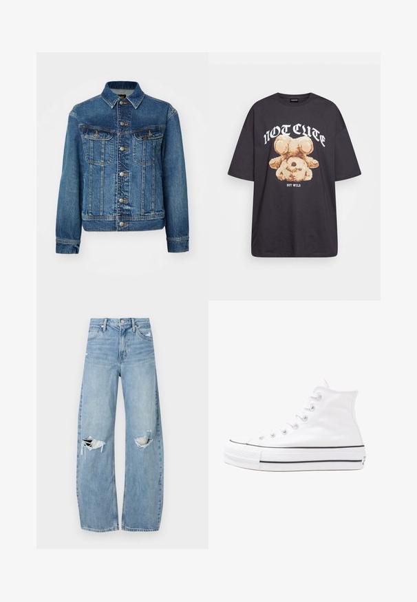 Jeansjacka i medelblått. Har knäppning fram, två bröstfickor och ljusa sömnadsdetaljer. Klassisk krage och långa ärmar.; Svart oversized t-shirt med en grafik av en björn och texten "INTE SÖT MEN VILD" i fet, vit lettering. Tillverkad av bomull.; Ljusblå, högmidjade jeans i denim. Har vida ben, två slitna knäområden och klassisk femfickedesign.; Vit hög topp canvas sneaker med svart gummisulan, framsidan gummitåhätta och sex öglor för snören, med en ren, minimalistisk design.