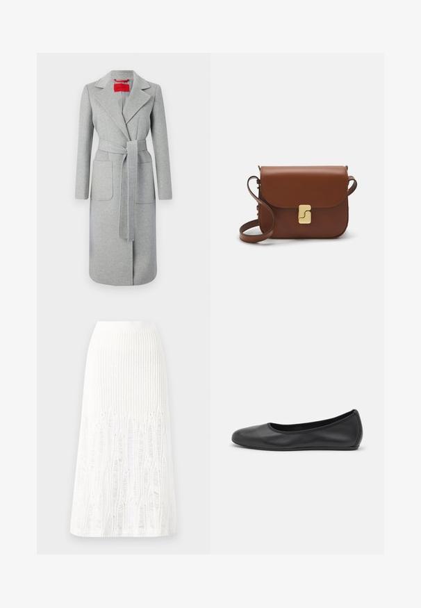 MAX&Co. RUNAWAY - Klasikinis paltas - grey; Balta trumpa rankovėmis marškinėliai, pagaminti iš pasiruošusio audinio. Apvali iškirptė, reguliari tinkamumas ir subtilūs siuvimo detalės. Be raštų ar grafikos.; Balta megzta midi sijoninė su tekstūruotu raštu, vertikaliomis linijomis ir išpjovomis arti apatinės dalies. Elastinga juostos dalis. Minkšta medžiaga.; Juodai odiniai baletai su apvaliu pirštu, lygi texture, minimalus siuvimo detales ir lanksčiu padų dizainu.; Ruda odinė rankinė su uždaromu dangteliu, aukso spalvos detalėmis, petneša ir lygiu paviršiumi. Kompaktiška stačiakampio formos.