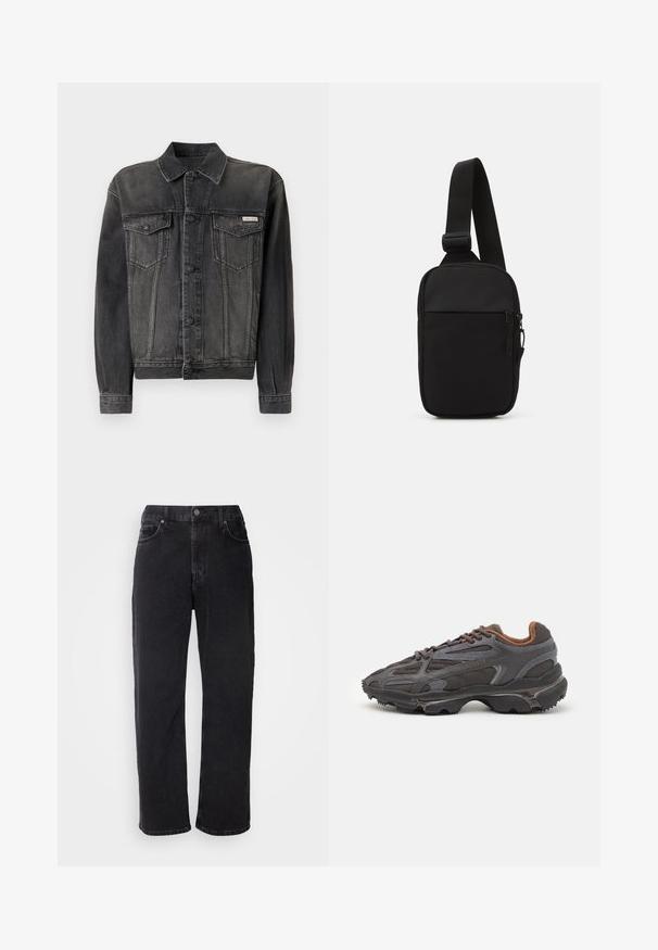 Černá džínová bunda s knoflíkovým zapínáním, náprsními kapsami a límečkem. Má vybledlý vzhled a kontrastní rukávy. Štítek na hrudi.; Hnědá zipová bunda s geometrickým vzorem, námořnické modré boční pruhy, vysoký límec a malé zelené logo na hrudi.; Dvoje černých bavlněných triček s krátkým rukávem a kulatým výstřihem. Obě mají červenou značkovou nášivku na výstřihu. Jednoduchý, klasický design.; Černé džínové kalhoty s rovný střih, pěti kapsami a kontrastním prošíváním. Mají zapínání na knoflík a poutka na opasek.; Sněrovací boty Lacoste v tmavě šedé barvě s síťovinou a syntetickým materiálem, prezentující texturovanou podrážku a hnědé detaily na límci a logu.; Černá crossbody taška vyrobená z odolné tkaniny, s jedním nastavitelným popruhem, zapínacím hlavním oddělením a přední kapsou.