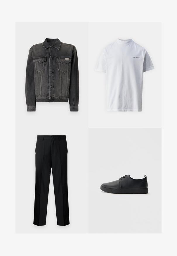 Mustast denimist jakk, millel on nupud ees, rinnaTaskud ja krae. Omab pleekinud tekstuuri ja kontrastsetel varrukatel. Silt rinnal.; Valge puuvillane t-särk kõrge kaelusega ja lühikeste varrukatega. Esipaneelil must "SAMSØE SAMSØE" logo. Sile tekstuur.; Mustad musträbimoodulitega püksid sirge lõikega, mis sisaldavad nööpe, lukku ja vöökumme. Sile kanga tekstuur ja küljetaskud.; Mustaläik nahast spordijalatsid siledaga viimistlusega, ümarate varvastega, sama tooni õmblustega, nööbid ees, ja lamedate kummist tallaga. Kannas aas.