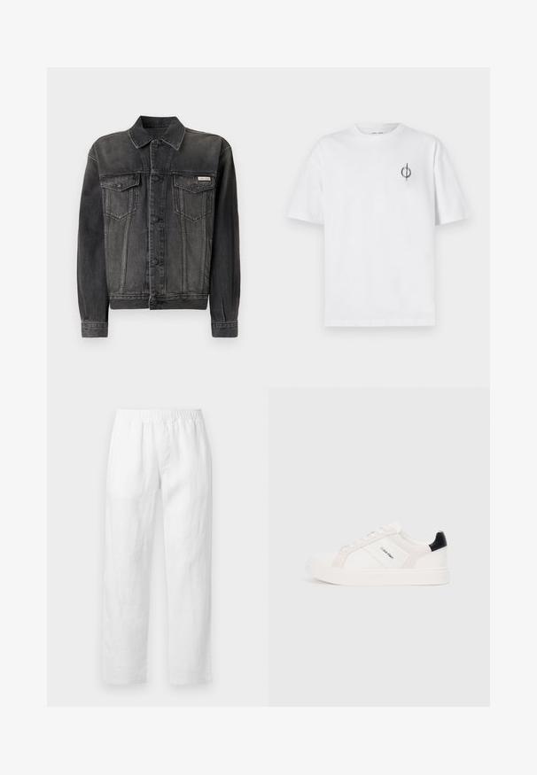Jaqueta de ganga preta com fecho de botões, bolsos no peito e colarinho. Apresenta uma textura desgastada e mangas em contraste. Etiqueta no peito.; Camisa de algodão branca com um corte relaxado, apresentando um pequeno logótipo gráfico preto na área do peito esquerdo. Mangas curtas, estilo de gola redonda.; Calças de linho branco com cintura elástica, corte reto e textura suave, sem padrões visíveis ou detalhes de ferragens.; Sapatilhas brancas com detalhes em rosa claro e preto, apresentando painéis de couro liso e camurça, biqueira redonda e sola de borracha plana.