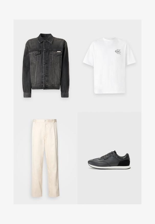 Črna denim jakna z gumbi na sprednji strani, žepi na prsih in ovratnikom. Ima bled teksturo in kontrastne rokave. Oznaka na prsih.; Bela bombažna majica s kratkimi rokavi, krožnim izrezom, s črnim CK logotipom na levi strani prsnega dela, standardne velikosti, gladke teksture.; Bež cottone hlače s ravnim krojem, ki imajo gumbasto zapiranje in nabore spredaj za dodatne detajle.; Črne atletske teniske z usnjenim zgornjim delom, perforiranimi detajli, zamskovimi akcenti in belim gumijastim podplatom. Klasična zasnova z vezalkami.