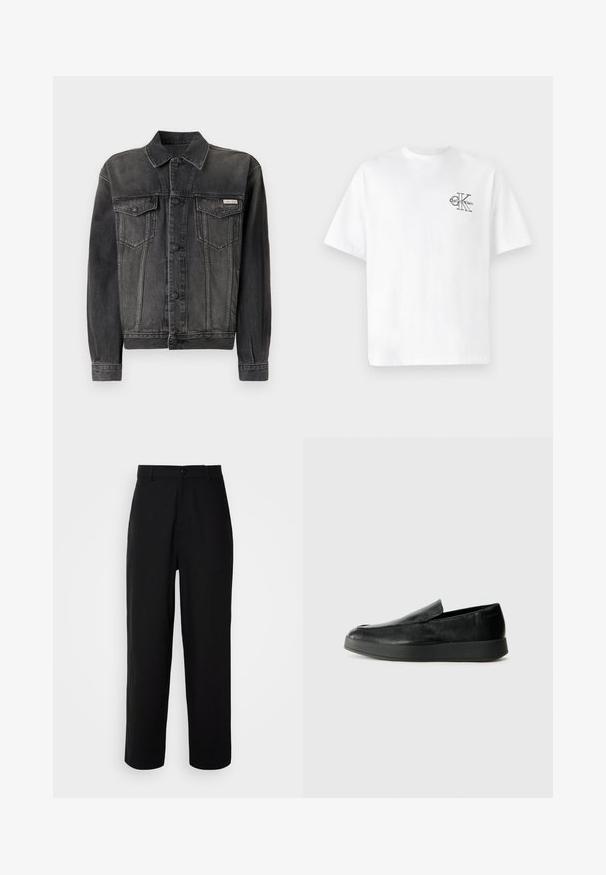 Fekete farmerdzseki gombos elülső résszel, mellzsebekkel és gallérral. Fakó textúrával és kontrasztos ujjakkal rendelkezik. Címke a mellkason.; Fehér pamut póló rövid ujjakkal, kerek nyakkal, a bal mellkas részen fekete CK logóval, normál szabású, sima tapintású.; Fekete nadrág sima anyagból, egyenes szárú kialakítással, elülső gombzáródással és oldalzsebekkel.; Calvin Klein HYBRID CUP - Belebújós cipők - triple black