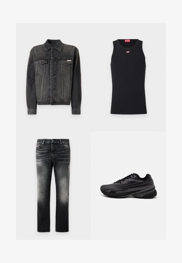 Jachetă din denim negru cu închidere prin nasturi, buzunare pe piept și guler. Prezintă o textură ușor decolorată și mâneci contrastante. Etichetă pe piept.; Top negru fără mâneci, confecționat dintr-un material neted, cu un guler rotund, decupaje pentru brațe și un mic logo roșu pe piept. Design simplu, fără mâneci.; Blugi negri cu un finisaj decolorat și accente uzate, design standard cu cinci buzunare și închidere cu fermoar. Fabricati din material denim.; Pantof de alergare negru cu un superior texturat, având dungi gri. Talpă groasă pentru amortizare, vârf rotund și șireturi plate pentru o potrivire sigură.