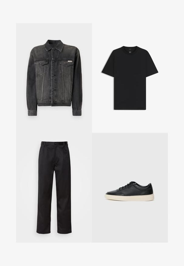 Svart denimjacka med knäppning fram, bröstfickor och krage. Har en urtvättad textur och kontrasterande ärmar. Etikett på bröstet.; Svart kortärmad T-shirt i en mjuk bomullsblandning, med rundad halsringning och en minimalistisk design utan mönster eller detaljer.; Svarta byxor i slätt tyg med framknäppning, veck och raka ben. Inga synliga mönster eller detaljer.; Svart låg skor i läder med svarta snören och off-white sula, visas i sidoprofil på vit bakgrund.