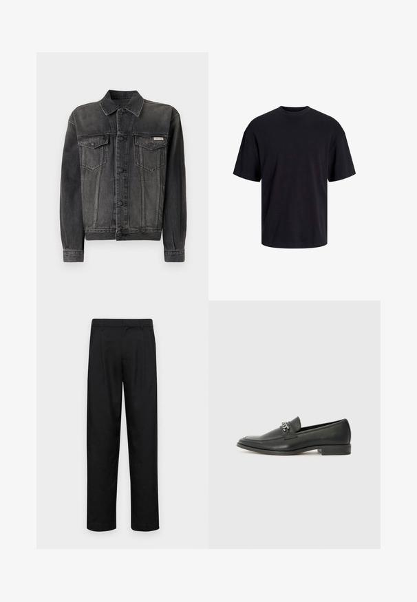 Čierna denimová bunda s gombíkovým zapínaním, náprsními vreckami a golierom. Má vyblednutú textúru a kontrastné rukávy. Nálepka na hrudi.; Čierne bavlnené tričko s okrúhlym výstrihom, krátkymi rukávmi a uvoľneným strihom. Hladká textúra bez viditeľných vzorov alebo akcentov.; Čierne nohavice vyrobené z hladkej tkaniny, s rovnými nohavicami, dvoma prednými skladmi a štandardným pásom s pútkami na opasok.; Čierne kožené loafers s hladkým povrchom, s prešitým dizajnom a dekoratívnym kovovým reťazovým akcentom cez priehlavok. Plochý podpätok.