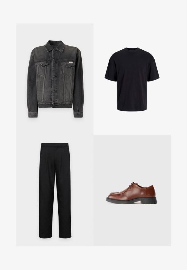 Fekete farmerdzseki gombos elülső résszel, mellzsebekkel és gallérral. Fakó textúrával és kontrasztos ujjakkal rendelkezik. Címke a mellkason.; Fekete pamut póló, kerek nyakkivágással, rövid ujjú és laza fazonú. Simább anyagú, látható minták vagy díszítések nélkül.; Fekete nadrág sima anyagból, egyenes szárú fazonnal, két elülső redővel és közönséges derékkal, övhurkokkal.; Barna bőr dresszcipő lekerekített orral, kontrasztos varrással, fűzős kialakítással és texturált fekete gumitalppal.