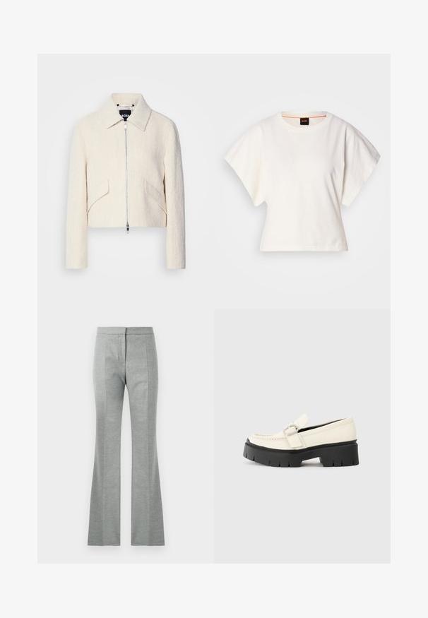 Rezana jakna od off-white teksturiranog materijala, s okovratnikom i bočnim džepovima, prednjim zatvaračem i minimalnim hardverom.; Bijeli skraćeni T-shirt, široke kratke rukave, mekani pamučni materijal, okrugli izrez s suptilnim narančastim detaljem, minimalistički dizajn, bez uzoraka ili grafika.; Sive široke hlače s vertikalnim šavovima, izrađene od meke, teksturirane tkanine. Imaju prilagođeni pojas i glatku završnu obradu.; Bijeli kožni loafer s debelim crnim platformom, s pravokutnom srebrnom kopčom i vidljivim šavnim detaljima na gornjem dijelu.