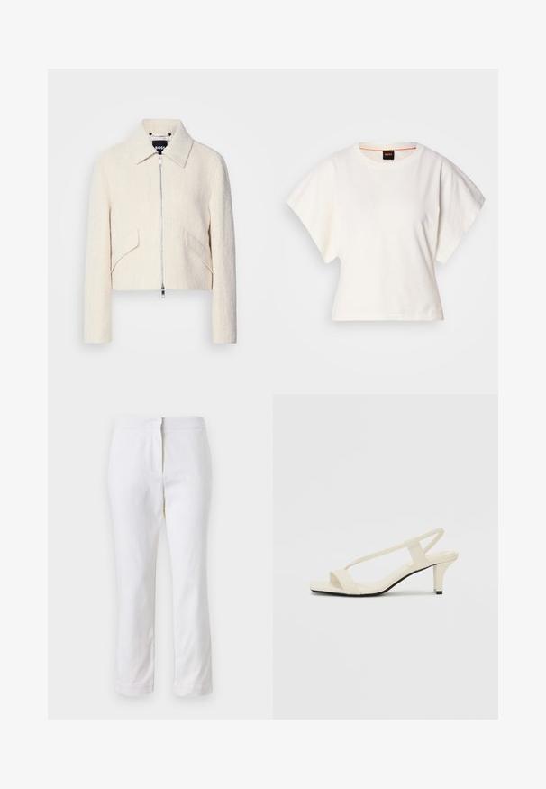Lyhytnuttua off-white tekstuurilla varustetusta kankaasta, jossa on pystykaulus ja sivutaskut, edessä vetoketjukiinnitys ja minimaalista metallia.; Valkoinen lyhythihainen t-paita, leveät lyhyet hihat, pehmeää puuvillamateriaalia, pyöreä pääntie jossa hienovarainen oranssi reunus, minimaalinen muotoilu, ei kuvioita tai graafisia elementtejä.; Valkoiset puuvillahousut suoralla lahkeella, joissa on keskikorkea vyötärö ja ei näkyviä varusteita tai kuvioita. Ehjä pinta kauttaaltaan.; Beige sandaalit, joissa on loiva korko, ohuet hihnat ja neliönmallinen varvasosa. Sileä materiaali, jossa on minimaalista yksityiskohtaa, suunniteltu helppokäyttöiseksi.
