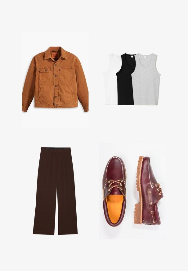 Levi's® Workwear SUNRISE TRUCKER - Cowboyjakker - dark ginger; Tre tanktoppe i hvid, sort og grå. Hver med rund halsudskæring og ærmeløs design, lavet af en blød bomuldsblanding.; Brune bredbenede bukser med plisseringer. Lavet af et glat stof, der har en skræddersyet talje og sidelommer. Flad kant nederst.; Bordeaux lædersko med brune gummisåler, rund tå, hvid syning og gyldne snøringer. Indersiden har et gult for.