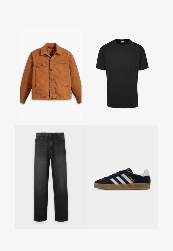 Levi's® Workwear SUNRISE TRUCKER - Farkkutakki - dark ginger; Musta puuvillainen T-paita, jossa on pyöreä kaula-aukko, lyhyet hihat ja suora helma. Sileä rakenne; yksinkertainen, koristelematon muotoilu.; Tumma harmaat farkut suora lahjerakenteella, varustettuna vetoketjullisella haaroilla, viidellä taskulla ja hienovaraisilla haalistumis yksityiskohdilla kankaassa.; Mustat mokkasiinit valkoisilla raidoilla, vaaleanruskea kumipohja ja kultainen 'Gazelle' -logo. Klassinen matala design, jossa on teksturoitu pinta.