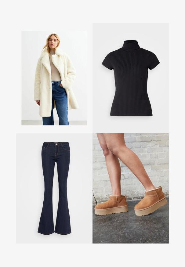 Fuskpäls, krämfärgad kappa med bred krage, framfickor och lös passform, parat med en ljus topp och blå denimjeans.; Svart, kortärmad polotröja i ribbat tyg med en smal passform och hög krage. Enkel och strukturerad mönster.; Mörka jeans med utsvängd benform och åtsittande midja, med en knappstängning framtill, fem fickor och syningar längs benen.; Bruna mocka ankelskor med en fluffig foder, tjock beige plattformssula och en dragflik bak. Texturerad yta med synliga sömdetaljer.