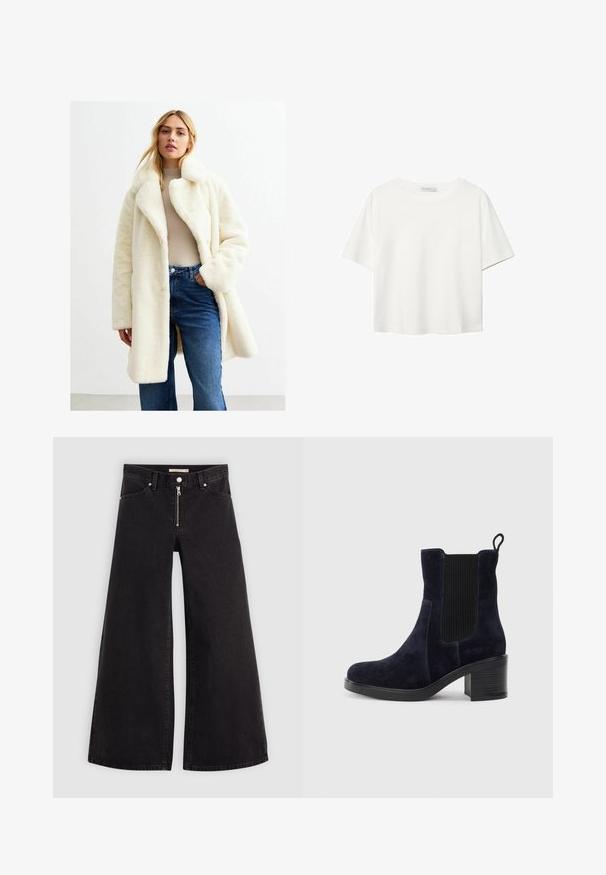 Sztuczne futro, kremowy płaszcz z szerokim kołnierzem, przednimi kieszeniami i luźnym krojem, w połączeniu z lekką bluzką i niebieskimi dżinsami.; Biała koszulka z krótkim rękawem, wykonana z bawełny. Posiada okrągły dekolt i luźny krój. Gładka faktura bez widocznych wzorów czy akcentów.; Jeans o szerokich nogawkach w czarnym denienie z zamkiem błyskawicznym z przodu, pięcioma kieszeniami i subtelnymi detalami przeszycia. Gładka tekstura i swobodny styl.; Granatowo-niebieski zamszowy botek za kostkę z elastycznym bocznym panelem, zaokrąglonym noskiem i słupkowym obcasem. Teksturalna tkanina i gładka podeszwa dodają kontrastu.