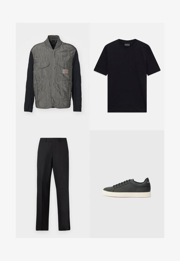 Quilted gray vest with black sleeves, two chest pockets, ribbed collar, and a logo tag on the left side. Smooth, textured fabric.; Black short-sleeve crew neck T-shirt with subtle embossed pattern and brand label inside collar, laid flat on white background.; Black, straight-leg trousers made of smooth fabric. Features a standard waistband and no visible patterns or accents.; Black leather sneaker with a low profile, rounded toe, and lace-up closure; features a textured rubber sole and logo detail on the heel.