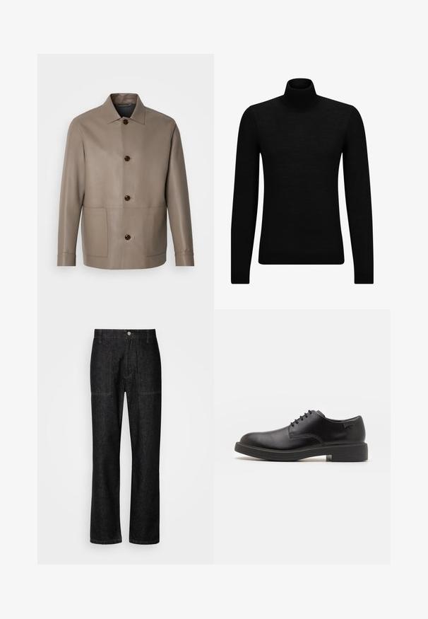 BOSS MARKIN - Giacca di pelle - open green; Maglione a collo alto nero realizzato in materiale morbido, con maniche lunghe e vestibilità aderente. Bordo a coste all'orlo e ai polsini. Design semplice.; Pantaloni in denim nero con gamba dritta, cuciture visibili e chiusura frontale con bottone. Include due tasche laterali e due tasche posteriori.; Scarpa nera in pelle con lacci, punta tonda, texture liscia, cuciture minime e tacco in gomma basso. Logo sul tacco.