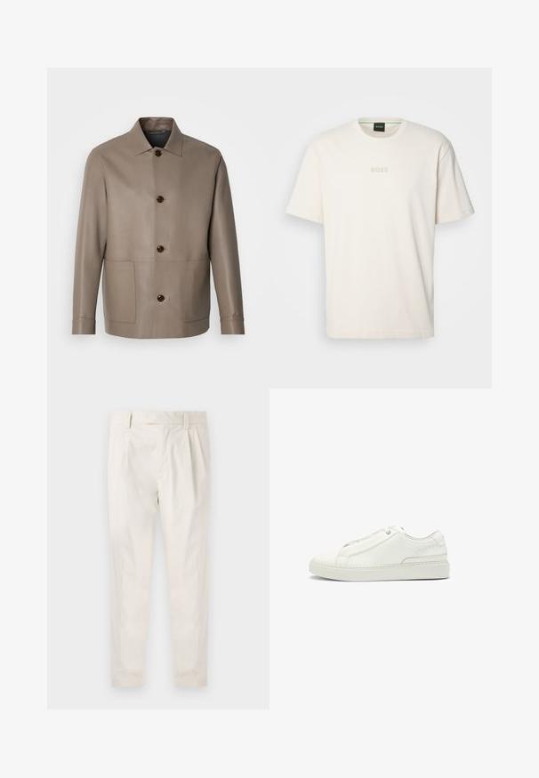 BOSS MARKIN - Leather jacket - open green; BOSS TEE - Basic T-shirt - open white; White, pleated trousers with a tailored fit, featuring a smooth texture, belt loops, and tapered legs. No visible pockets or patterns.; White leather sneaker featuring a textured upper, a round toe, minimalistic design, and a rubber sole with stitched detailing.