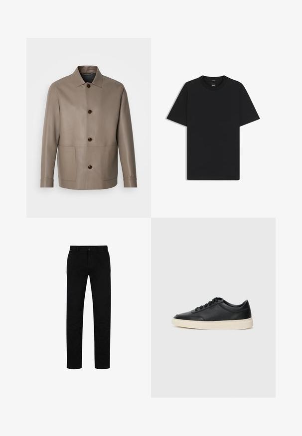 BOSS MARKIN - Lederjacke - open green; Schwarz T-Shirt mit kurzen Ärmeln aus einem glatten Baumwollmix, mit Rundhalsausschnitt und einem minimalistischen Design ohne Muster oder Akzente.; Schwarze Baumwollhosen mit geradem Schnitt, featuring einen Knopfverschluss, Gürtelschlaufen und minimalistischem Design. Glatte Textur, ohne Muster.; Schwarzer niedriger Ledersneaker mit schwarzen Schnürsenkeln und cremefarbenem Sohlenrand, seitlich auf weißem Hintergrund dargestellt.