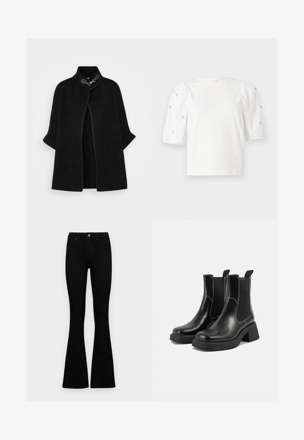 VILA VICEMRE - Cape - black; Hvit bomull T-skjorte med korte pufferm, med små sølvdekorasjoner langs ermene. Klassisk rund hals, avslappet passform.; Sorte høytlivsjeans med knapp og glidelås, frontlommer og utsvingte bein liggende flatt på en hvit bakgrunn.; Sorte lær Chelsea støvler med en kraftig hæl, elastiske sidepaneler og kontrasterende hvid syning. Teksturert overflate.