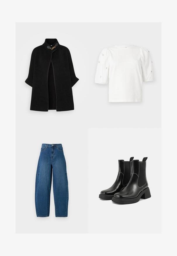 VILA VICEMRE - Keep - black; Valge puuvillane T-särk lühikeste puffkäistega, millel on väikesed hõbedased kaunistused käiste servades. Klassikaline ümmargune kaelus, vaba ja mugav lõige.; Keskmise sinise tooniga teksad, millel on kõrge talje, lai jalaliik ja standardne viie taskuga disain koos nähtavate õmbluste detailidega.; Must musta Chelsea saapad, millel on paks konts, elastsed külgpaneelid ja kontrastne valge õmblus. Tekstuuriga viimistlus.