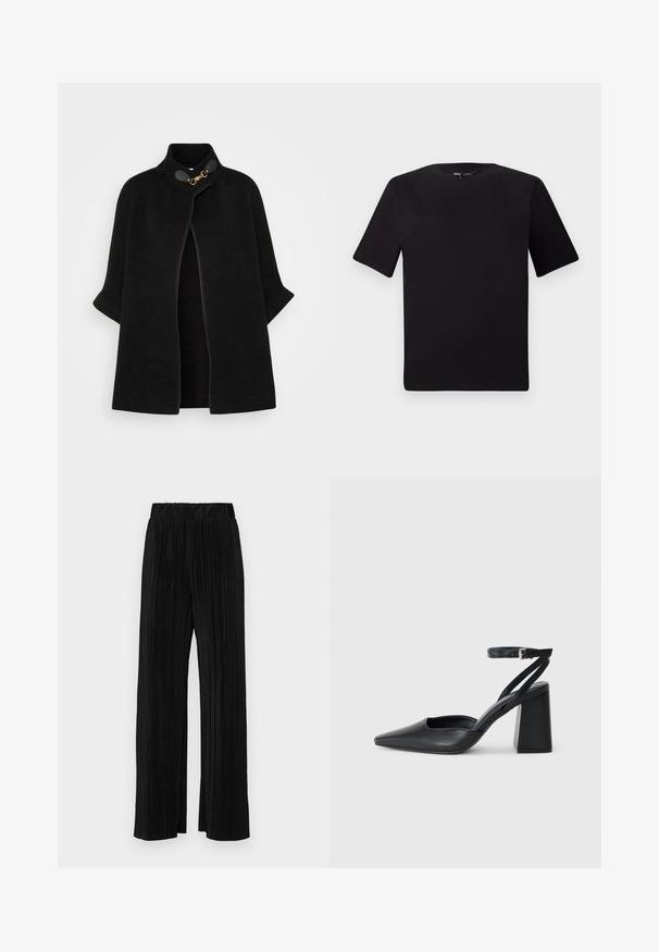 VILA VICEMRE - Cape - black; Svart t-skjorte med korte ermer og rund hals, laget av mykt bomullsstoff. Enkelt design, ingen synlige logoer eller mønstre.; Sorte plisserte bukser med elastisk midje. Har vide ben og et glatt, strukturert stoff med vertikale striper.; Svart lær pumps med spiss tå, ankelrem og kraftig hæl. Flat tekstur, strømlinjeformet design og minimalisme.