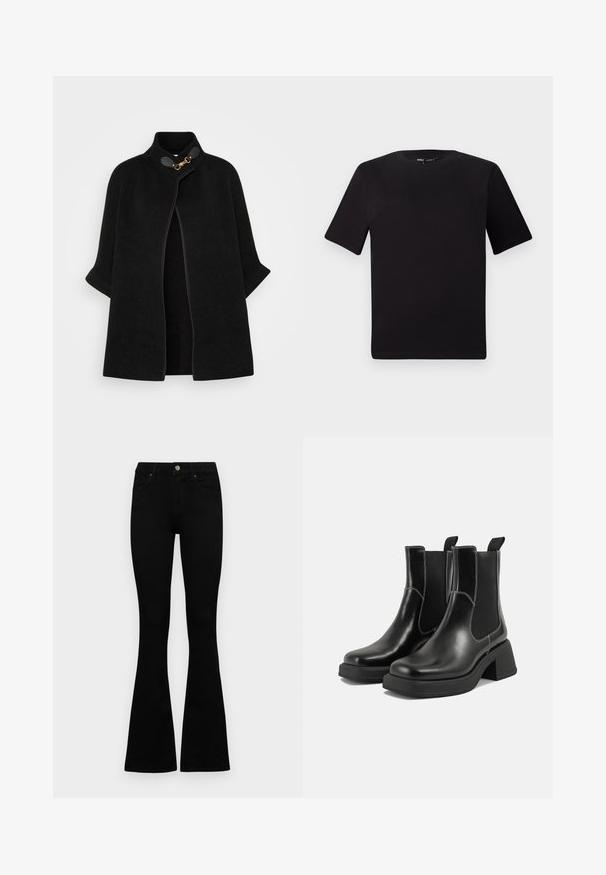 VILA VICEMRE - Cape - black; Svart t-skjorte med korte ermer og rund hals, laget av mykt bomullsstoff. Enkelt design, ingen synlige logoer eller mønstre.; Sorte høytlivsjeans med knapp og glidelås, frontlommer og utsvingte bein liggende flatt på en hvit bakgrunn.; Sorte lær Chelsea støvler med en kraftig hæl, elastiske sidepaneler og kontrasterende hvid syning. Teksturert overflate.