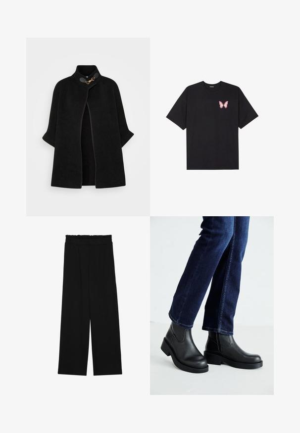 VILA VICEMRE - Capa - black; T-shirt de algodão preto com mangas curtas, apresentando um pequeno gráfico de borboleta rosa no lado esquerdo do peito. Design de gola redonda com um corte solto.; Calças largas pretas com um cinto franzido, apresentando dois bolsos laterais e um tecido suave e leve. Sem padrões ou ferragens visíveis.; Botas de tornozelo de couro preto com sola grossa e painéis elásticos laterais, combinadas com jeans azul escuro. O chão é de cor clara.