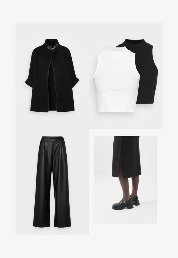 VILA VICEMRE - Cape - black; Two sleeveless ribbed turtleneck tops in black and white, featuring a fitted design and smooth texture, with cropped length.; Black, wide-leg trousers made from leather, featuring a high waist, pleats, and two circular buttons on the front for closure.; Black leather shoes with a rounded toe, thick block heel, and elastic side accents, paired with dark tights and a black skirt with a slit.