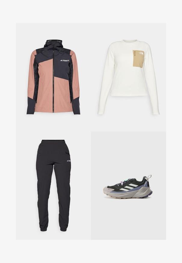 Vaateet rożowe i czarne, wodoodporna kurtka z wysokim kołnierzem, zamkiem z przodu oraz geometrycznym wzorem. Posiada teksturowane czarne panele i logo marki.; Valkoinen pitkähiha shirt, joka on valmistettu teksturoidusta kankaasta, jossa on beige laukkutasku, jossa on naru ja logo.; Musta vedenpitävä housut, joissa on joustava vyötärö, vetoketjulliset sivutaskut, kapenevat lahkeet ja ribbipinteet nilkoissa. Ominaisuuksiin kuuluu logoteräviä yksityiskohtia.; Musta urheilukengä, jossa on Gore-Tex-päällinen, valkoiset raidat, violetit yksityiskohdat, paksu harmaa välipohja ja teksturoitu harmaa ulkopohja pidon parantamiseksi.