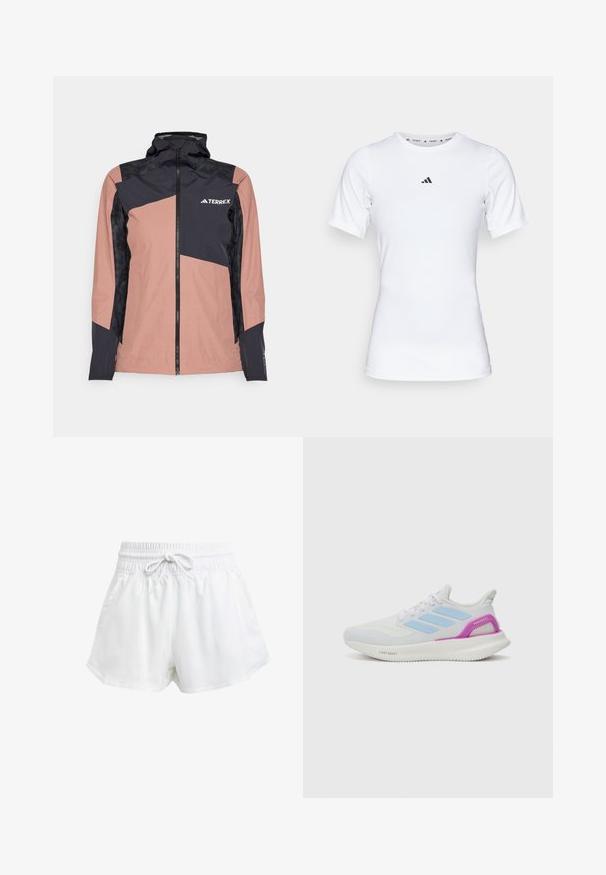 Ružičasta i crna vodootporna jakna s visokim izrezom, prednjim zatvaračem i geometrijskim uzorakom. Ima teksturirane crne ploče i brendirani logo.; Bjela atletska majica s kratkim rukavima, izrađena od glatkog, rastezljivog materijala. Na prsima se nalazi mali crni Adidas logo.; Bijele atletske šorceve s elastičnom strukom i podešavanjem pomoću vezice. Napravljeni su od laganog materijala, imaju bočne džepove i širok kroj.; adidas Performance PUREBOOST 5 - Tenisice za cestovno trčanje - white/glow blue/purple burst