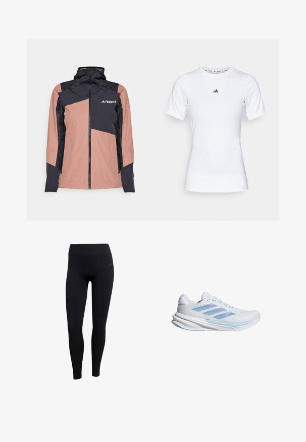 Rosa und schwarze wasserdichte Jacke mit hohem Kragen, Reißverschluss vorne und geometrischem Design. Verfügt über strukturierte schwarze Einsätze und Logo der Marke.; Weißes Sportshirt mit kurzen Ärmeln, aus glattem, dehnbarem Stoff. Mit kleinem schwarzem Adidas-Logo auf der Brust.; Schwarze sportliche Leggings aus dehnbarem Stoff, mit hohem Bund, enganliegendem Schnitt und gerippten Knöchelbündchen. Subtiles Markenlogo.; Weiße Laufschuhe mit hellblauen Akzenten, atmungsaktives Mesh-Obermaterial, Drei-Streifen-Design, gepolsterte Sohle und strukturierte Traktionslaufsohle.