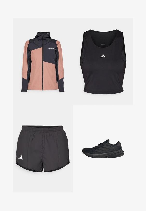 Pink and black waterproof jacket with a high collar, zipper front, and geometric design. Features textured black panels and brand logo.; Black sports crop top made from moisture-wicking fabric, featuring a round neck, sleeveless design, and white logo on the chest.; Black athletic shorts made of lightweight fabric, featuring an elastic waistband and a white Adidas logo on the lower left side.; Black athletic shoes with a mesh upper, streamlined shape, flat sole, and three diagonal stripes on the side. Lightweight design for comfort.
