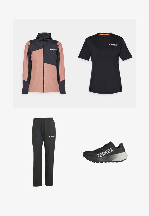 Ružová a čierna nepremokavá bunda s vysokým golierom, zipsom vpredu a geometrickým vzorom. Obsahuje textúrované čierne panely a logo značky.; Čierne tričko s krátkym rukávom a okrúhlym výstrihom, s jemnou melírovanou textúrou a bielym logom "TERREX" na hornej ľavej strane.; Čierne ľahké nohavice s elastickým pásom. Obsahujú jemné logo „TERREX“ v bielej farbe. Hladká tkanina a strih s rovnými nohavicami.; Čierne bežecké tenisky s textúrovaným zvrškom, výrazné biele logo "TERREX", zúžený dizajn podrážky a gradientný sivý akcent na päte.