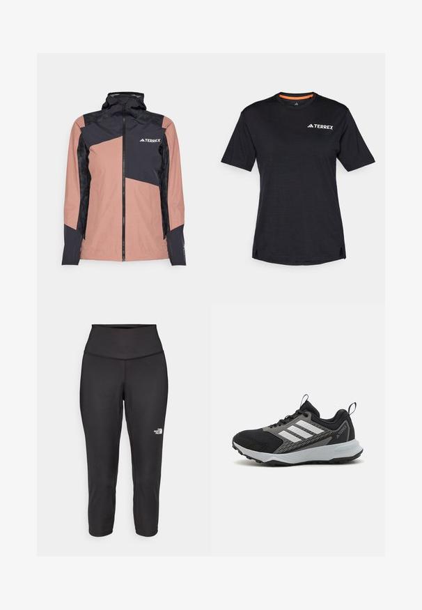 Rosa und schwarze wasserdichte Jacke mit hohem Kragen, Reißverschluss vorne und geometrischem Design. Verfügt über strukturierte schwarze Einsätze und Logo der Marke.; Schwarzes Kurzarm-T-Shirt mit Rundhalsausschnitt, das eine dezente melierte Textur aufweist und ein weißes "TERREX"-Logo auf der oberen linken Seite hat.; Schwarze Capri-Leggings aus dehnbarem Stoff mit einem hohen Bund und einem kleinen weißen Logo auf der linken Seite. Glatte Textur.; Schwarzer Sportschuh mit grauen Akzenten, ausgestattet mit einem strukturierten Mesh-Obermaterial, drei weißen Streifen und einer Gummisohle für besseren Halt.