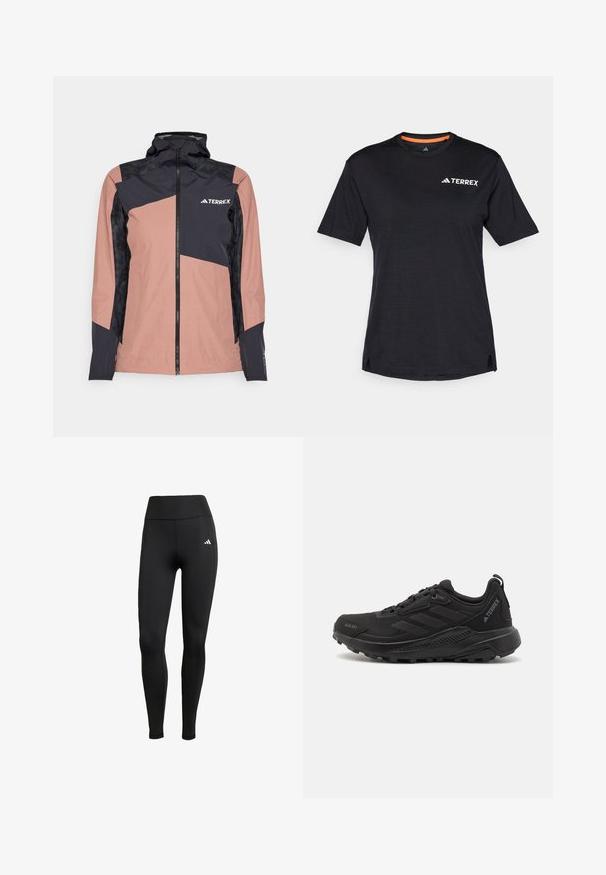 Giacca impermeabile rosa e nera con colletto alto, zip frontale e design geometrico. Presenta pannelli neri texturizzati e logo del marchio.; T-shirt nero a maniche corte con scollo rotondo, caratterizzato da una leggera texture mélange e dal logo bianco "TERREX" sul lato superiore sinistro.; Leggings sportivi neri con vita alta. Realizzati in tessuto elastico con un dettaglio del logo bianco sulla parte superiore sinistra.; Scarpe da ginnastica nere con tomaia sintetica testurizzata, chiusura con lacci, suola spessa in gomma e dettagli del logo discreti sui lati e sul tallone.