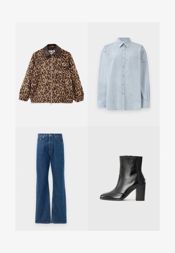 Leopardų rašto jakas su rudos odos apykakle, priekinis užtrauktukas, elastingos rankovės ir krūtinės kišenė. Tekstūruotas audinys su minkšta išvaizda.; Šviesiai mėlynas ilgomis rankovėmis marškiniai su smailiu apykakle ir krūtinės kišene, ištiesti ant baltos fono.; Mėlyni džinsiniai plačios kojų džinsai su aukštu liemeniu, turi penkis kišenes, sidabrinę sagą ir matomus siūles.; Juodas odinis kulkšninis batas su lygiu paviršiumi, smailiu pirštu ir masyviu aukštu kulnu. Savybė - šoninis atidarymas ir minimalistiškas dizainas.