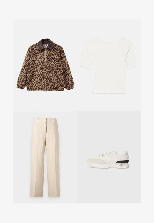 Pantermønstret jakke med en brun lærkrave, frontlynlås, elastiske mansjetter og en brystlomme. Struktureret stof med en blød fremtoning.; Hvit ribbestrikket kortermet topp med bred utringning. Teksturen har vertikale striper som fremhever en tettsittende passform og enkelt design.; Beige linbukser med løs passform, plisserte foran og rett ben. Har en midjebånd med beltehemper og ingen synlige lommer.; Hvite sneakers med en teksturert ser ut som en suede tåhette, glatt mesh-overdel, dekorative snørebånd og en svart gummihælaccent.