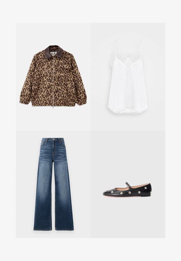 Kabát s leopardím vzorom, hnedým koženým golierom, predným zipsom, elastickými manžetami a vreckom na hrudi. Texturovaná tkanina s jemným vzhľadom.; Biela cami s designom do V, tenkými ramienkami, textúrovanými čipkovými akcentmi na pleciach a zakriveným lemom. Hladká textúra látky.; Široké rifľové nohavice v stredne modrej farbe, s vysokým pásom, detailom vyblednutia a klasickým dizajnom s piatimi vreckami a prešitými akcentmi.; Čierne kožené baleríny typu Mary Jane s okrúhlou špičkou, so striebornými kruhovými cvokmi a nastaviteľným remienkom so sponou.