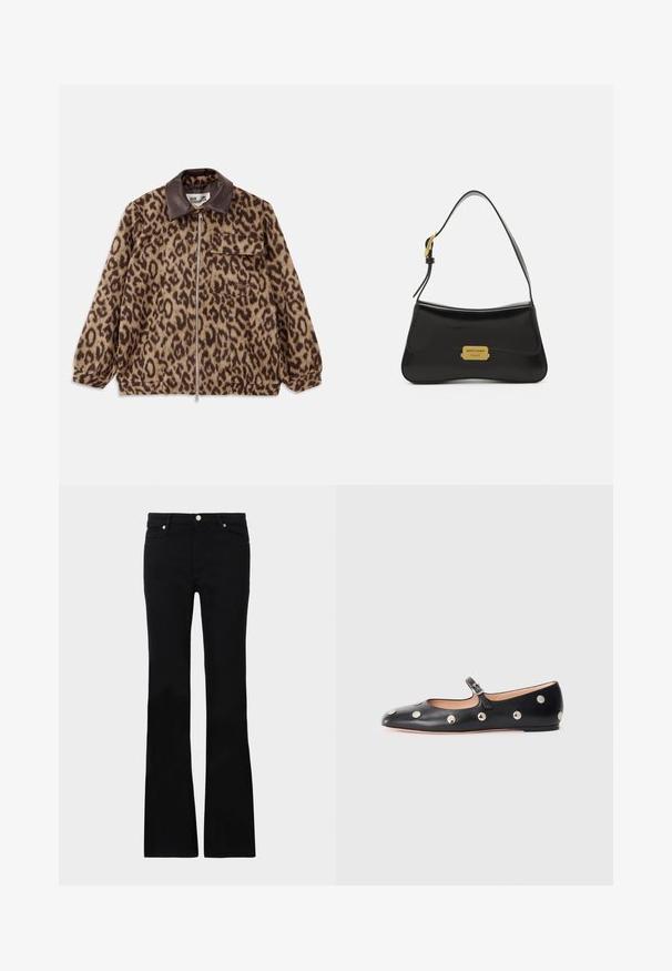Leopard print jacket with a brown leather collar, front zipper closure, elastic cuffs, and a chest pocket. Textured fabric with a soft appearance.; White camisole with a v-neck design, thin straps, textured lace accents at the shoulders, and a curved hemline. Smooth fabric texture.; Black flared jeans made of denim, featuring two front pockets, a button closure, and a smooth texture. Signature stitching visible at seams.; Black leather Mary Jane flat shoe with a rounded toe, featuring silver circular studs and an adjustable strap with a buckle.; Black leather handbag with a curved design, gold logo plate accent, and a slim shoulder strap. Smooth texture with a sleek finish.